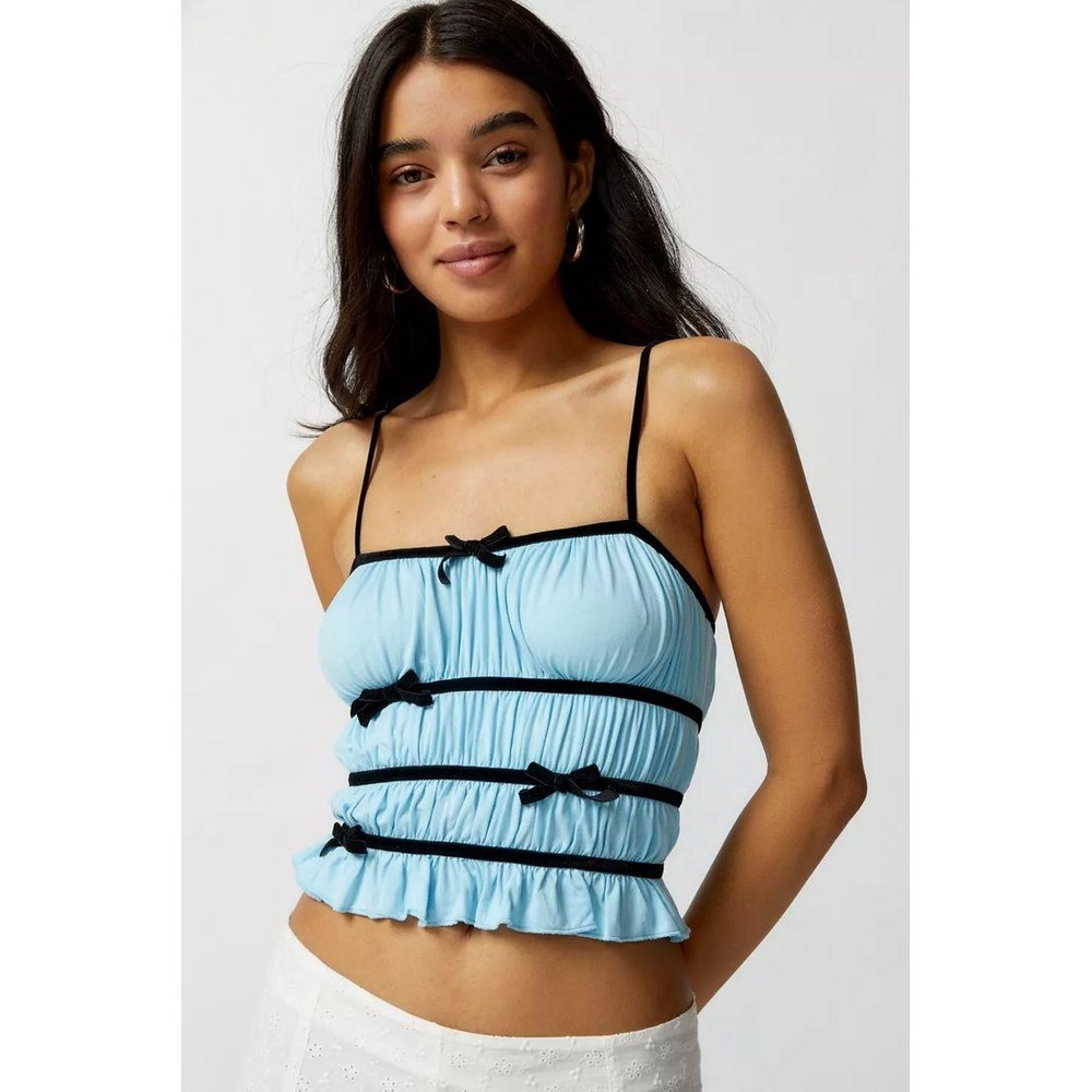 NWT Kimchi Blue Ruched Bow Trim Cami Top Blue Coquette Ruffle Hem Size XS